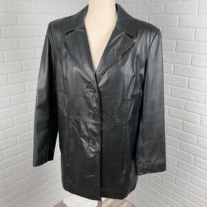 Preston & York Jacket Women Medium Petite Black Leather Y2K Classic‎ Coat VTG